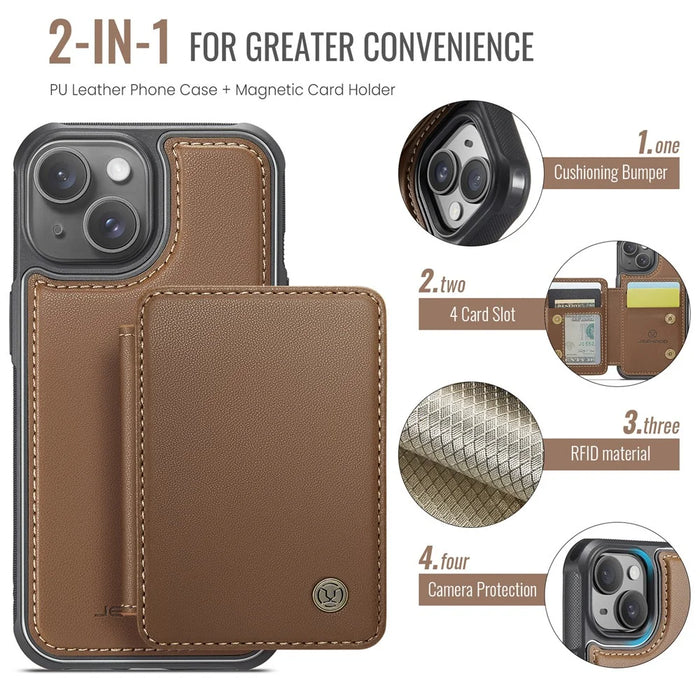 JEEHOOD J05 For iPhone 15 Plus Case Leather Mobile Cover with Detachable Magnetic Card Bag - Brown - 7