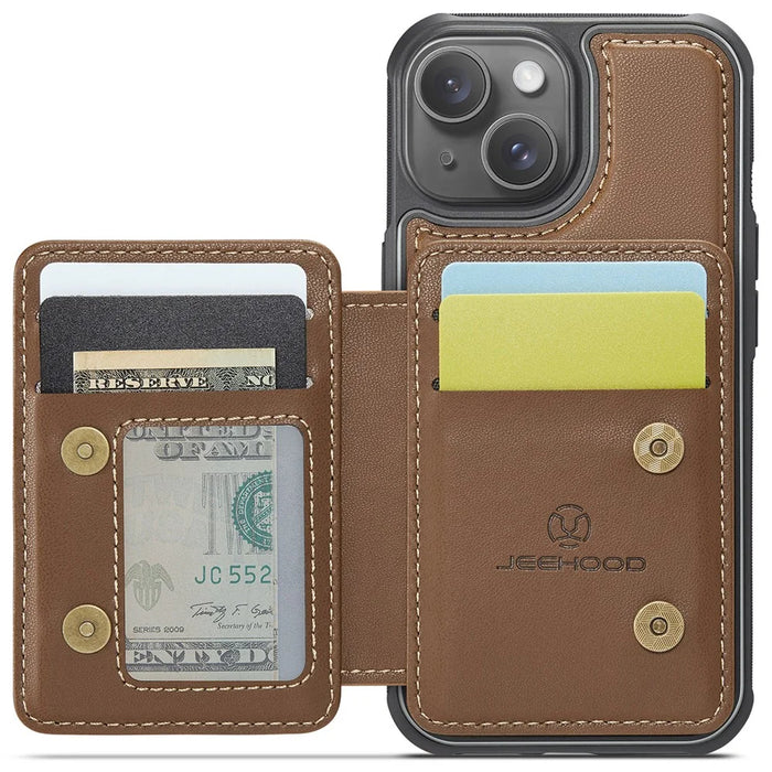 JEEHOOD J05 For iPhone 14 Plus Case Leather Mobile Cover with Detachable Magnetic Card Bag - Brown - 2