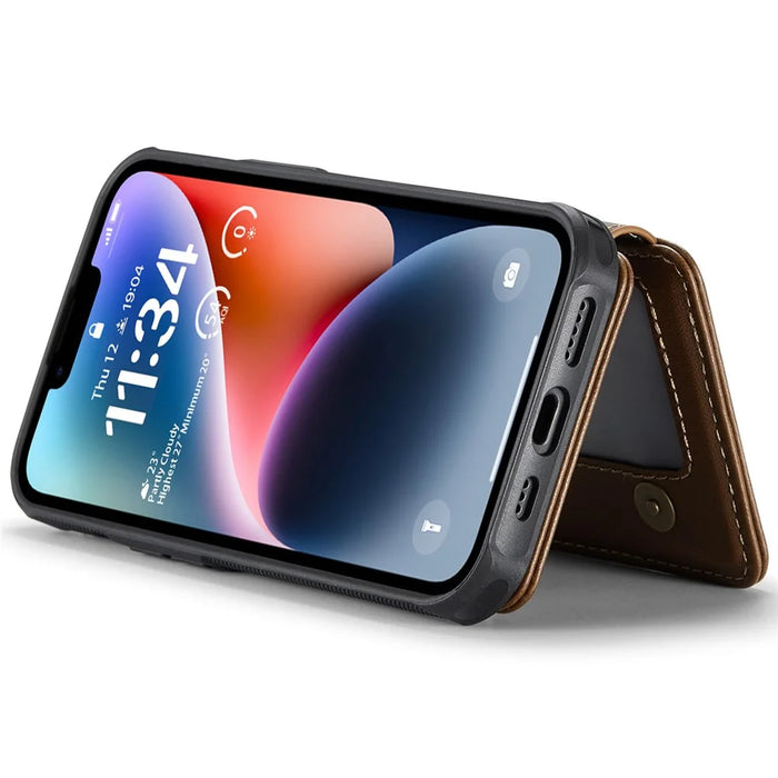 JEEHOOD J05 For iPhone 14 Plus Case Leather Mobile Cover with Detachable Magnetic Card Bag - Brown - 4