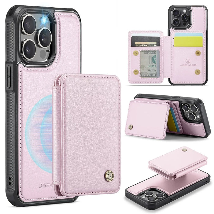 JEEHOOD J05 For iPhone 14 Pro Max Case Leather Mobile Cover with Detachable Magnetic Card Bag - Pink - 1