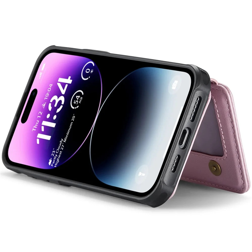 JEEHOOD J05 For iPhone 14 Pro Max Case Leather Mobile Cover with Detachable Magnetic Card Bag - Pink - 4