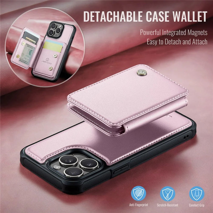 JEEHOOD J05 For iPhone 14 Pro Max Case Leather Mobile Cover with Detachable Magnetic Card Bag - Pink - 6