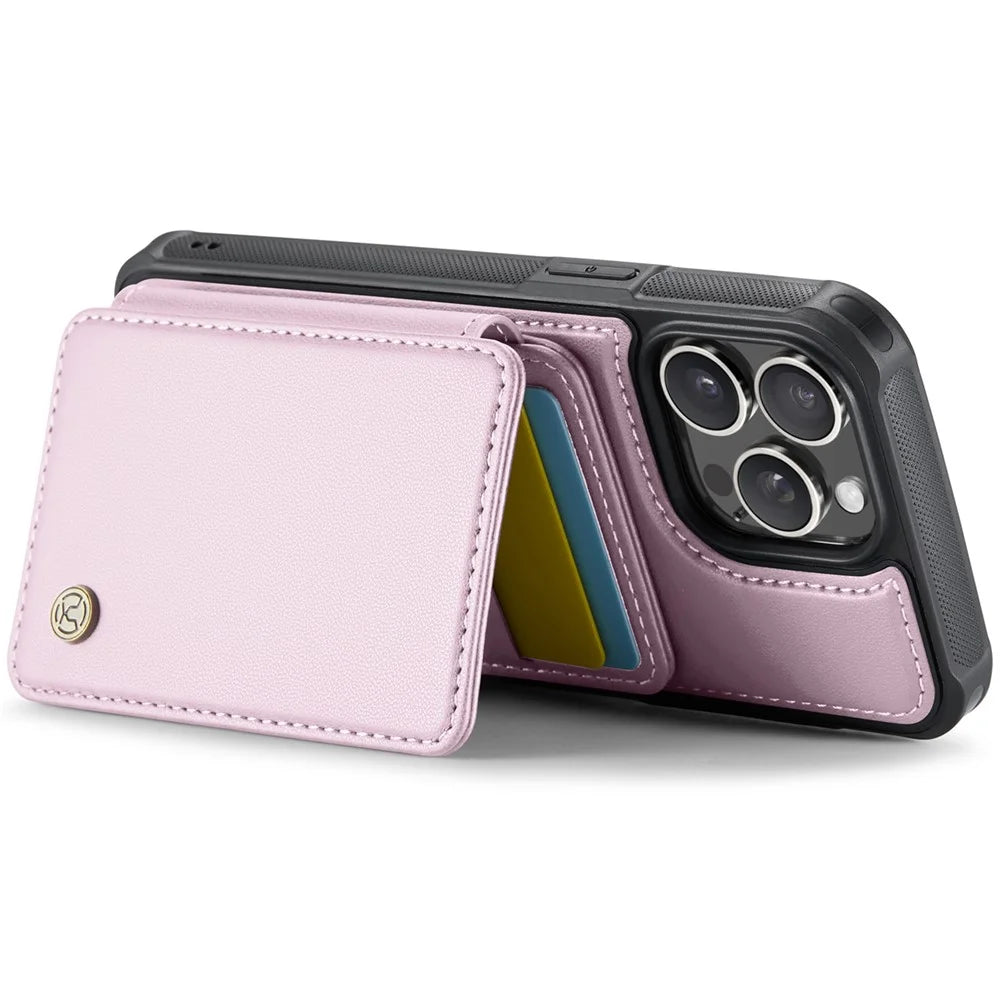 JEEHOOD J05 For iPhone 14 Pro Case Leather Mobile Cover with Detachable Magnetic Card Bag - Pink - 3