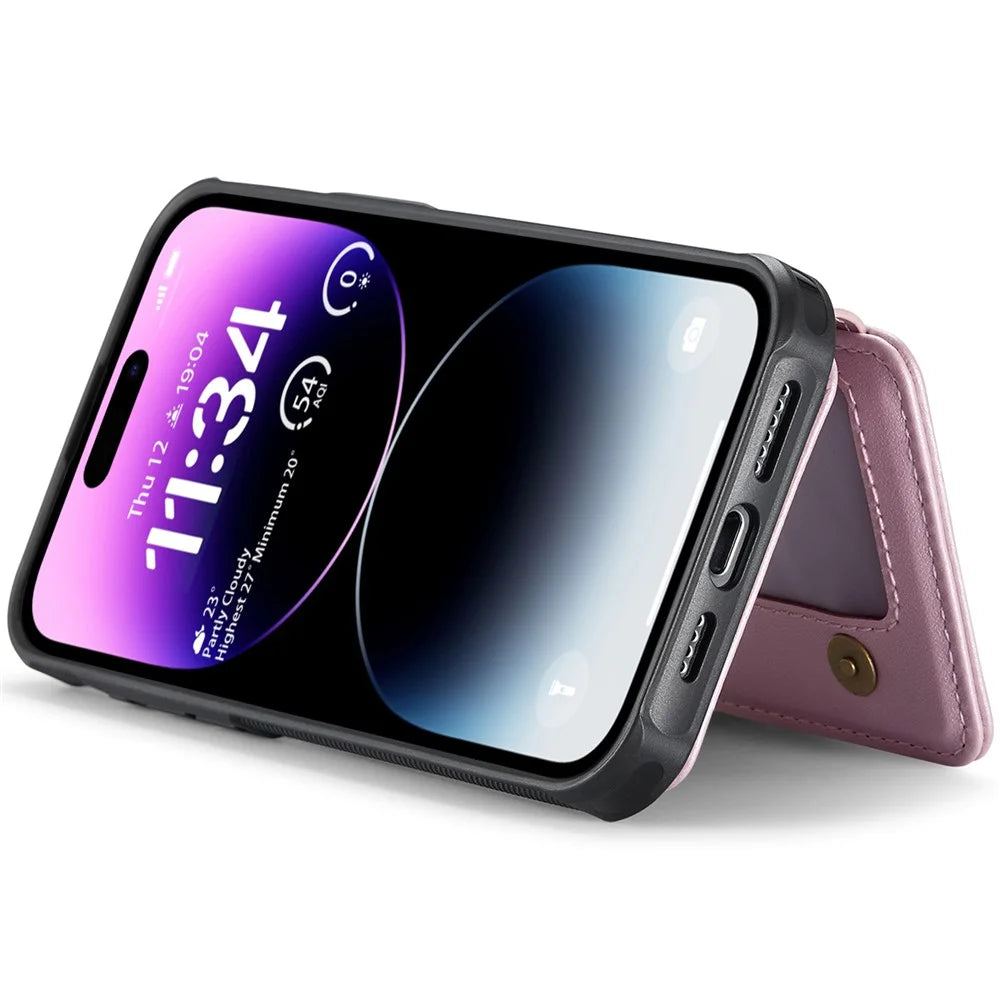 JEEHOOD J05 For iPhone 14 Pro Case Leather Mobile Cover with Detachable Magnetic Card Bag - Pink - 4
