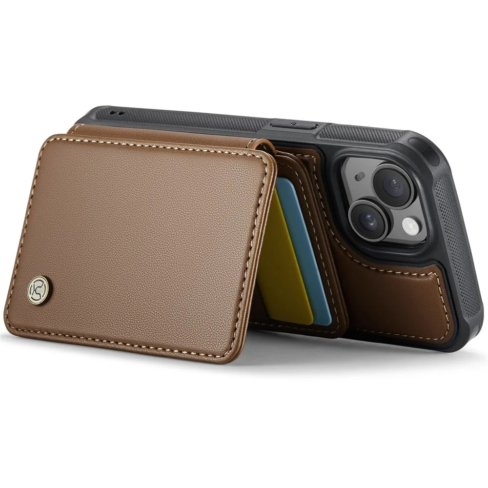 JEEHOOD J05 For iPhone 14 Case Leather Mobile Cover with Detachable Magnetic Card Bag - Brown - 3