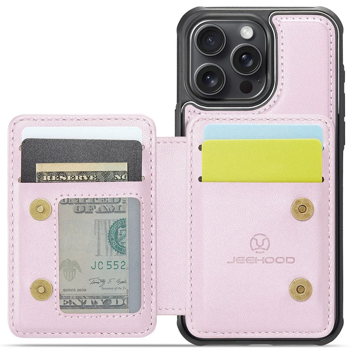 JEEHOOD J05 For iPhone 13 Pro Max Case Leather Mobile Cover with Detachable Magnetic Card Bag - Pink - 2