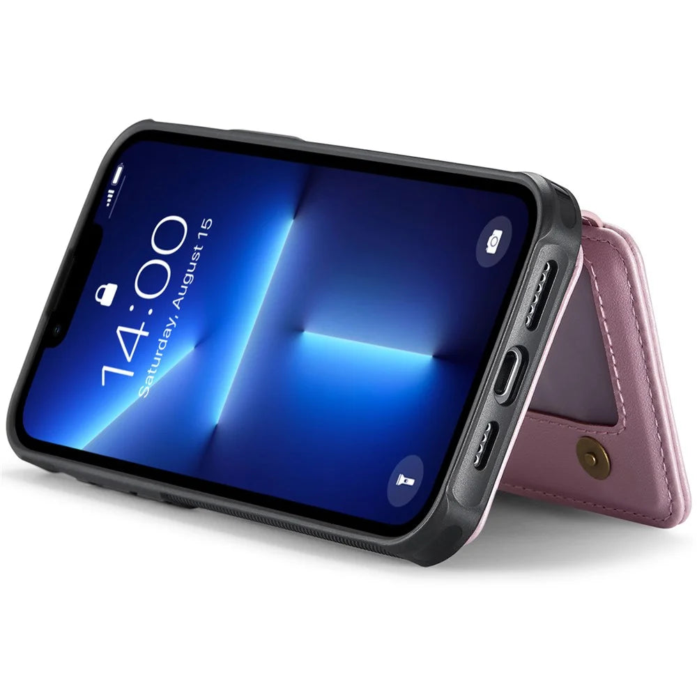 JEEHOOD J05 For iPhone 13 Pro Max Case Leather Mobile Cover with Detachable Magnetic Card Bag - Pink - 4