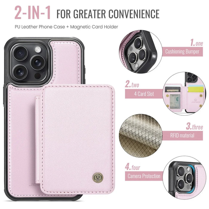 JEEHOOD J05 For iPhone 13 Pro Max Case Leather Mobile Cover with Detachable Magnetic Card Bag - Pink - 7