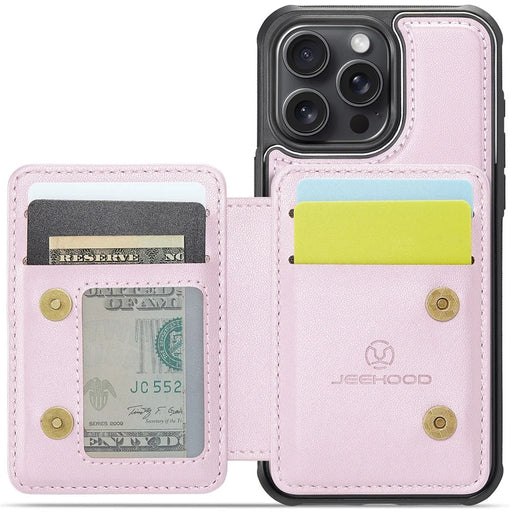 JEEHOOD J05 For iPhone 13 Pro Case Leather Mobile Cover with Detachable Magnetic Card Bag - Pink - 2