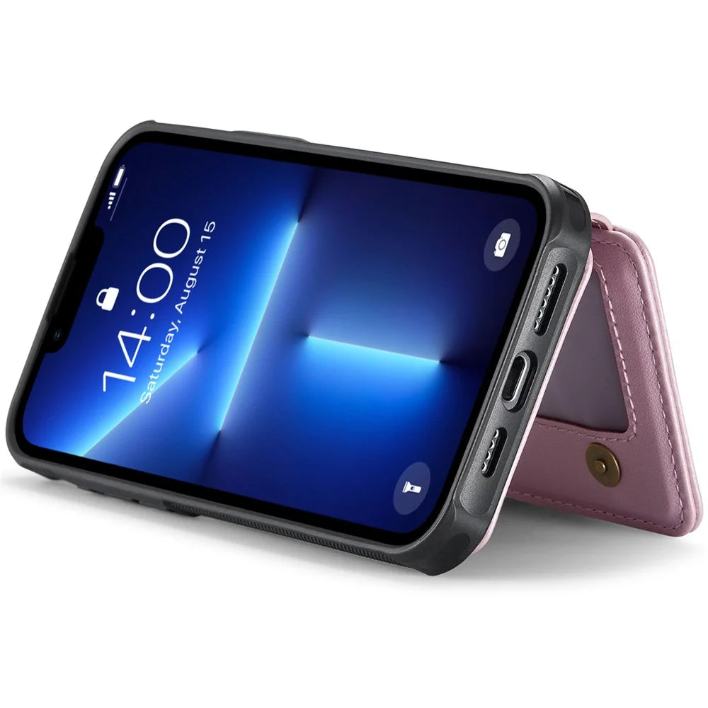 JEEHOOD J05 For iPhone 13 Pro Case Leather Mobile Cover with Detachable Magnetic Card Bag - Pink - 4