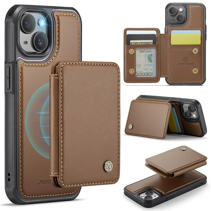 JEEHOOD J05 For iPhone 13 Case Leather Mobile Cover with Detachable Magnetic Card Bag - Brown - 1