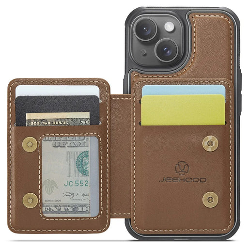 JEEHOOD J05 For iPhone 13 Case Leather Mobile Cover with Detachable Magnetic Card Bag - Brown - 2