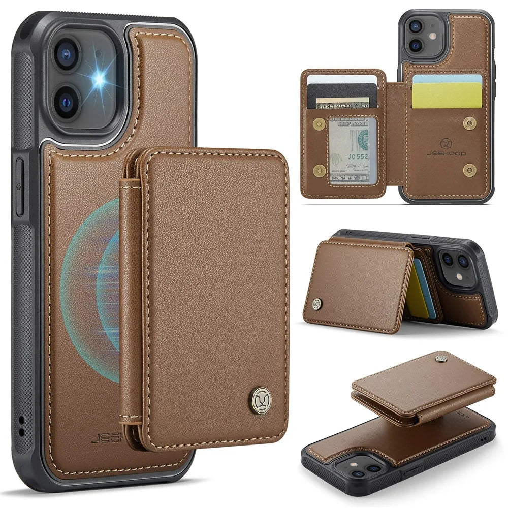 JEEHOOD J05 For iPhone 12 / 12 Pro Case Leather Mobile Cover with Detachable Magnetic Card Bag - Brown - 1
