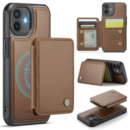 JEEHOOD J05 For iPhone 12 / 12 Pro Case Leather Mobile Cover with Detachable Magnetic Card Bag - Brown - 1