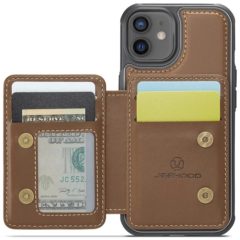 JEEHOOD J05 For iPhone 12 / 12 Pro Case Leather Mobile Cover with Detachable Magnetic Card Bag - Brown - 2