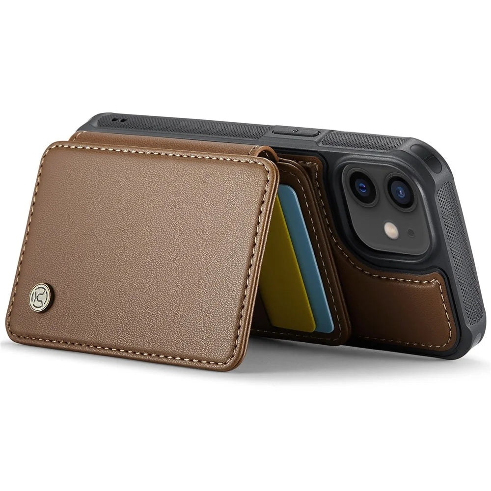JEEHOOD J05 For iPhone 12 / 12 Pro Case Leather Mobile Cover with Detachable Magnetic Card Bag - Brown - 3