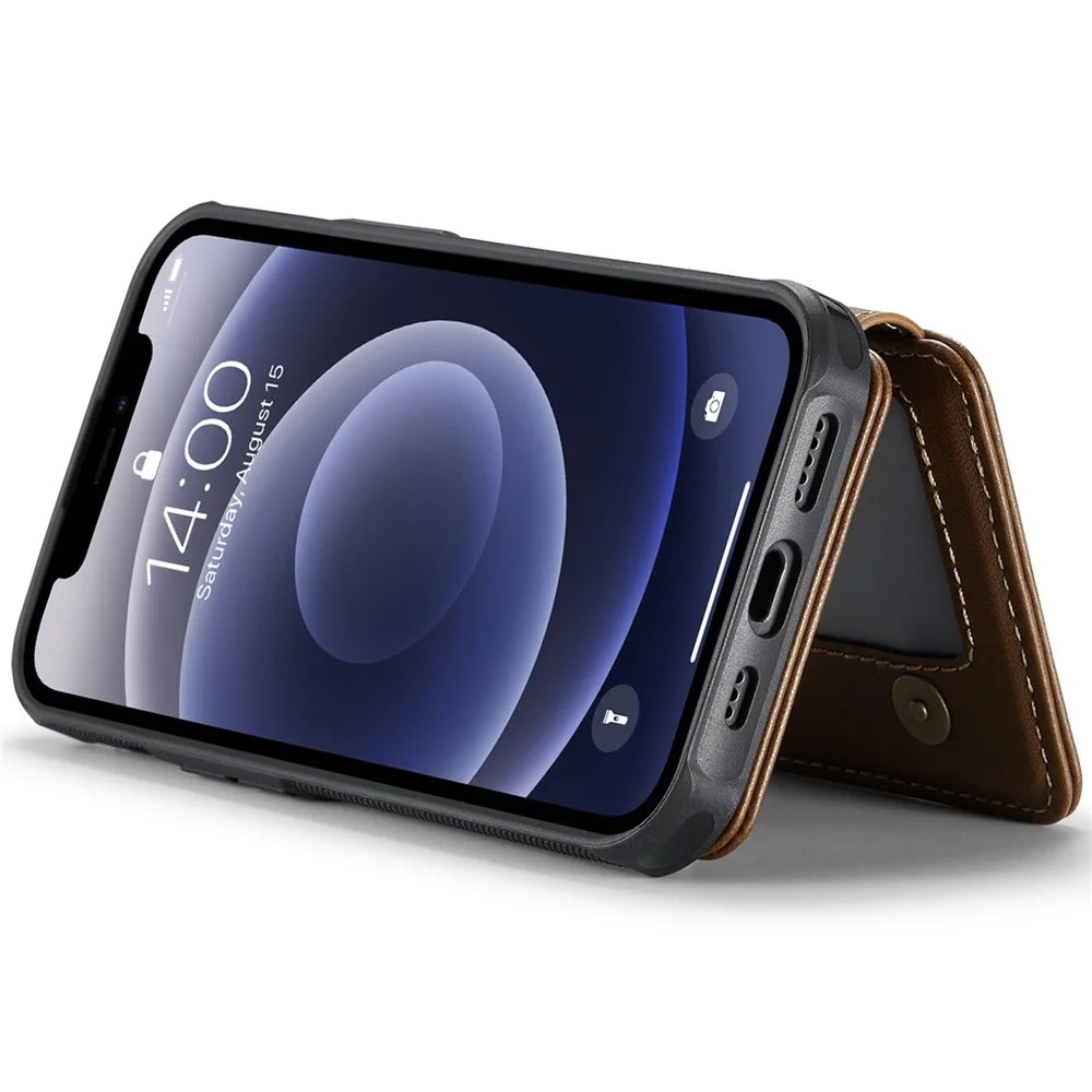 JEEHOOD J05 For iPhone 12 / 12 Pro Case Leather Mobile Cover with Detachable Magnetic Card Bag - Brown - 4