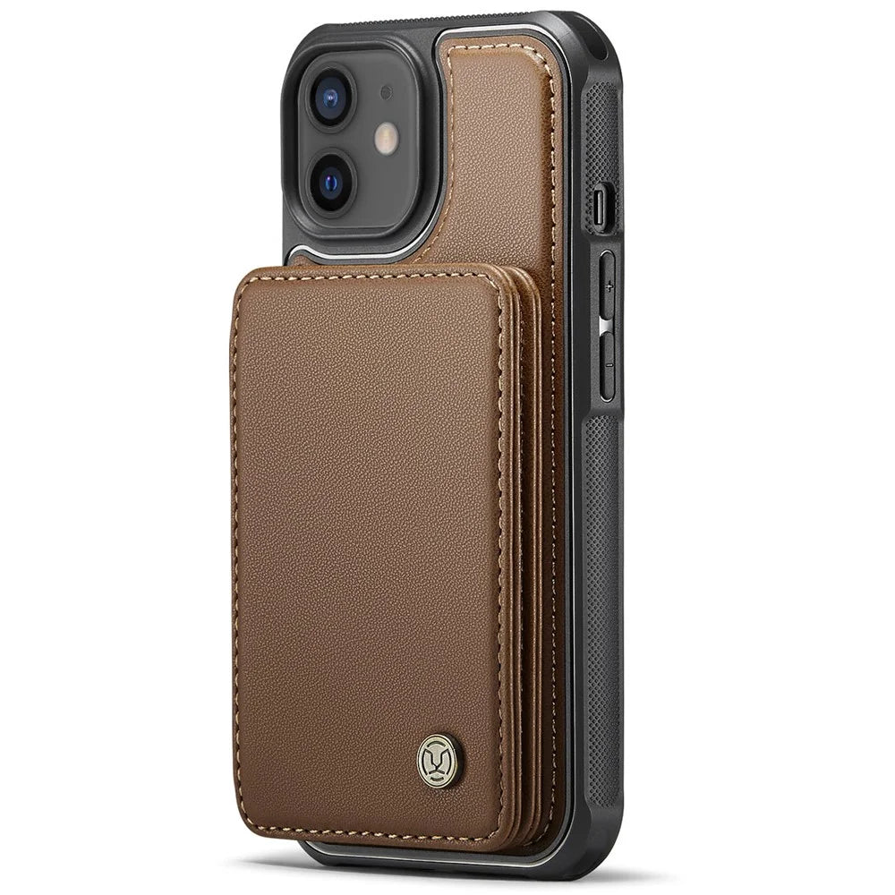 JEEHOOD J05 For iPhone 12 / 12 Pro Case Leather Mobile Cover with Detachable Magnetic Card Bag - Brown - 5
