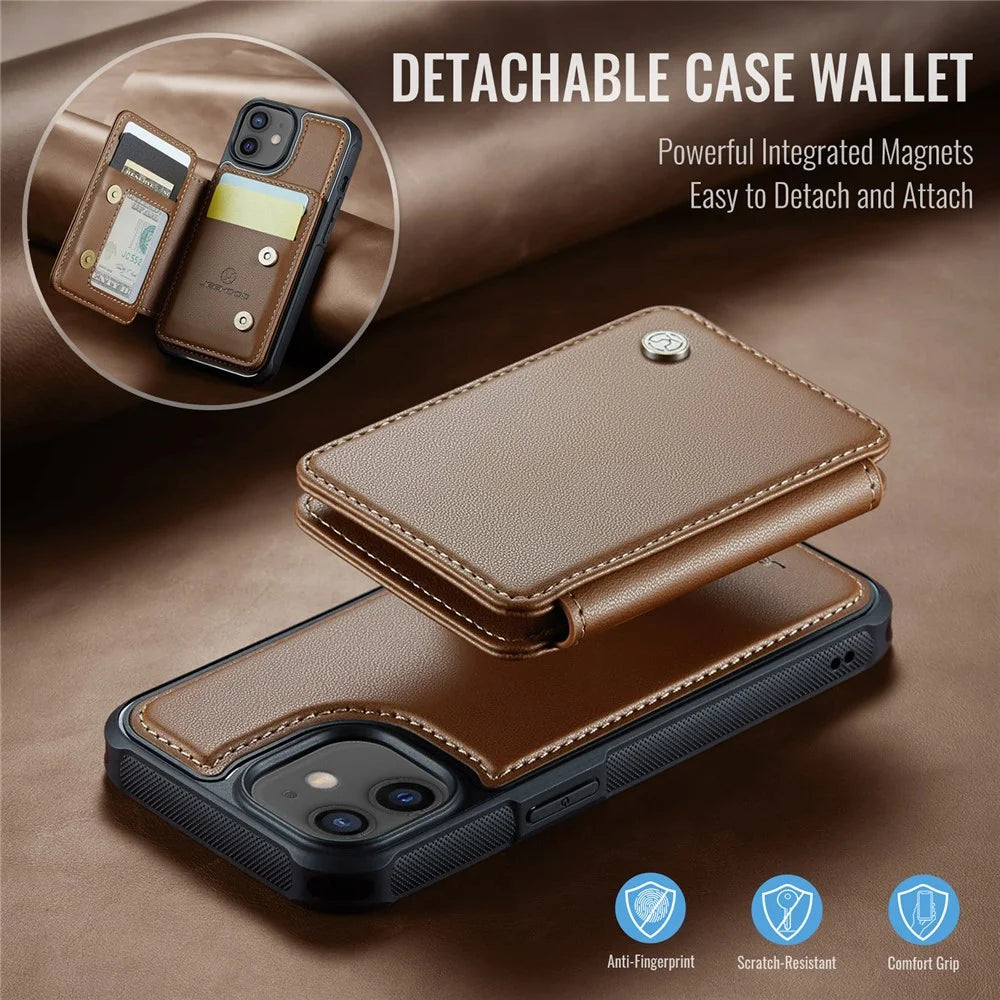 JEEHOOD J05 For iPhone 12 / 12 Pro Case Leather Mobile Cover with Detachable Magnetic Card Bag - Brown - 6