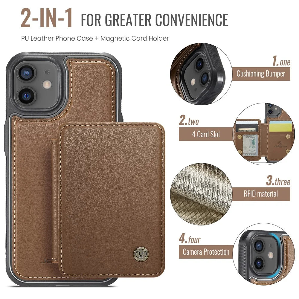 JEEHOOD J05 For iPhone 12 / 12 Pro Case Leather Mobile Cover with Detachable Magnetic Card Bag - Brown - 7