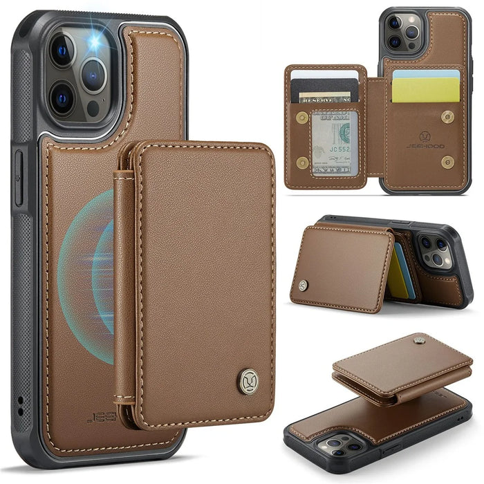 JEEHOOD J05 For iPhone 12 Pro Max Case Leather Mobile Cover with Detachable Magnetic Card Bag - Brown - 1