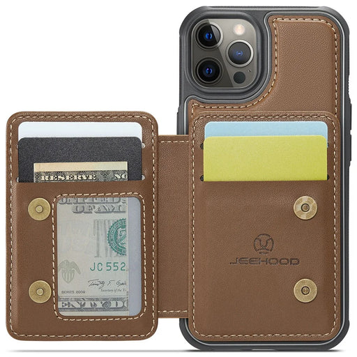 JEEHOOD J05 For iPhone 12 Pro Max Case Leather Mobile Cover with Detachable Magnetic Card Bag - Brown - 2