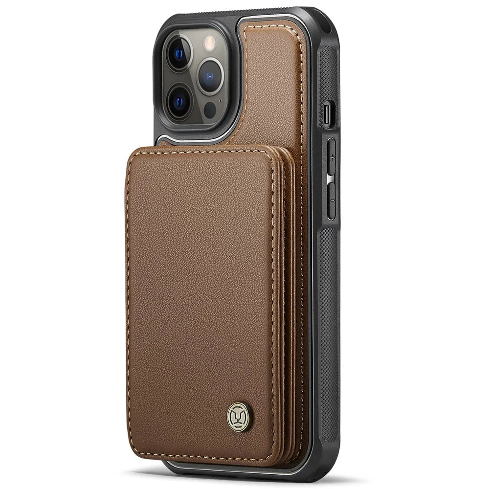 JEEHOOD J05 For iPhone 12 Pro Max Case Leather Mobile Cover with Detachable Magnetic Card Bag - Brown - 5