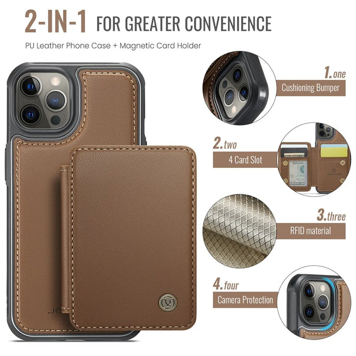JEEHOOD J05 For iPhone 12 Pro Max Case Leather Mobile Cover with Detachable Magnetic Card Bag - Brown - 7