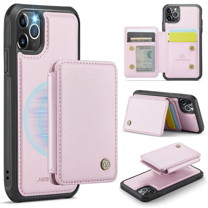 JEEHOOD J05 For iPhone 11 Pro Case Leather Mobile Cover with Detachable Magnetic Card Bag - Pink - 1