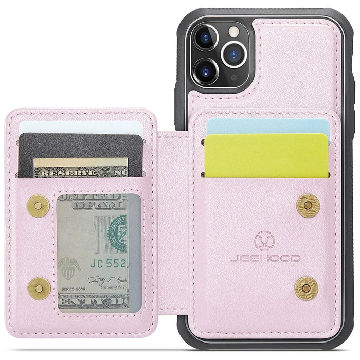 JEEHOOD J05 For iPhone 11 Pro Case Leather Mobile Cover with Detachable Magnetic Card Bag - Pink - 2