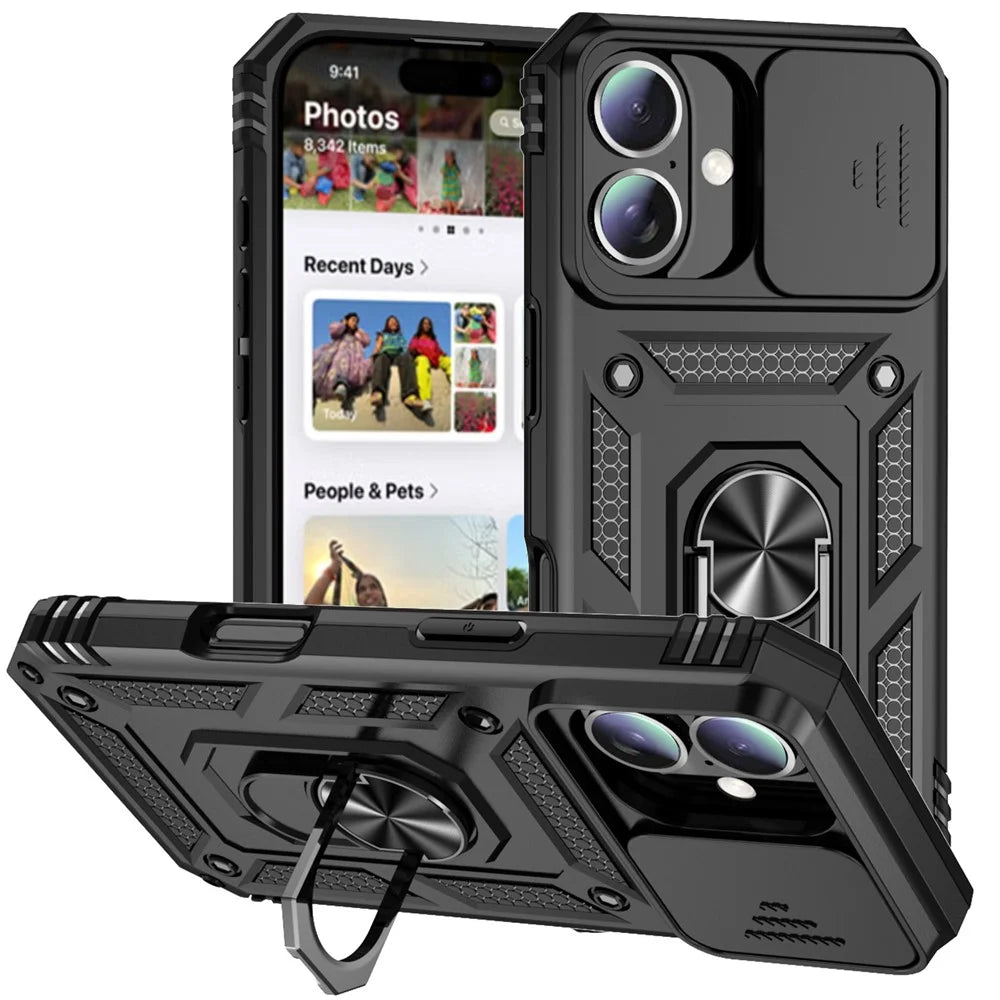 For iPhone 16 Plus Case Ring Kickstand PC+TPU Phone Protector with Slide Camera Cover - Black - 1