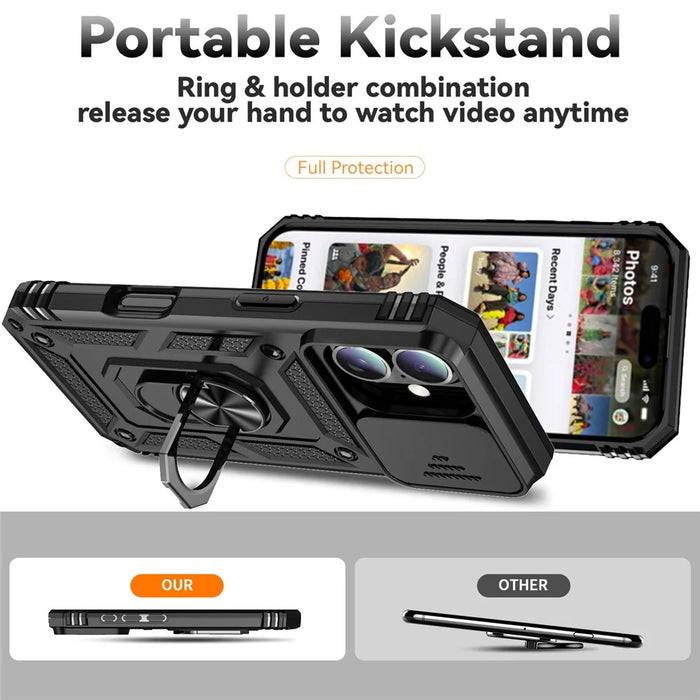 For iPhone 16 Plus Case Ring Kickstand PC+TPU Phone Protector with Slide Camera Cover - Black - 3