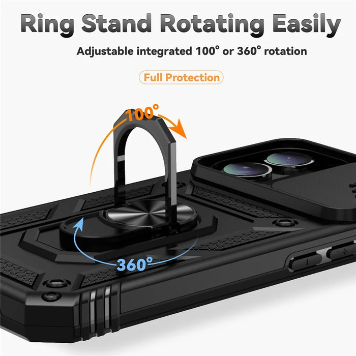 For iPhone 16 Plus Case Ring Kickstand PC+TPU Phone Protector with Slide Camera Cover - Black - 5