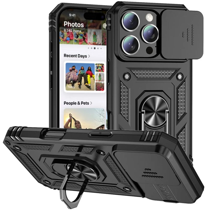 For iPhone 16 Pro Case Ring Kickstand PC+TPU Phone Cover with Camshield - Black - 1