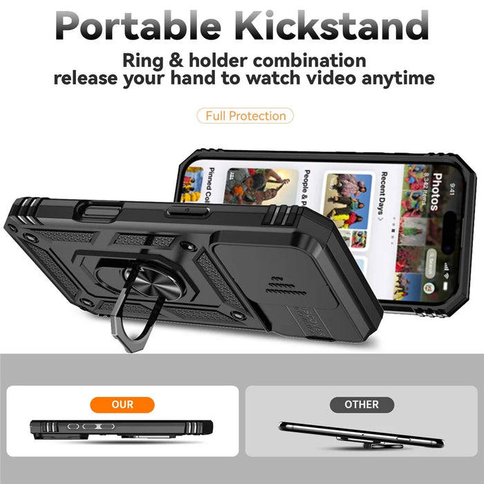 For iPhone 16 Pro Max Case Ring Kickstand Slide Camera Lid PC+TPU Phone Cover - Black - 3