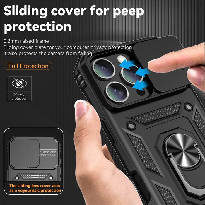 For iPhone 16 Pro Max Case Ring Kickstand Slide Camera Lid PC+TPU Phone Cover - Black - 6