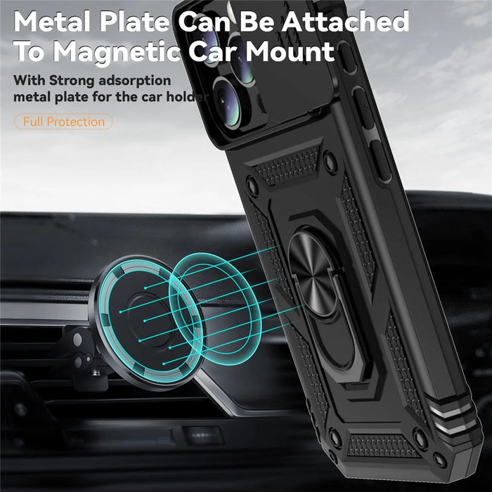 For iPhone 16 Pro Max Case Ring Kickstand Slide Camera Lid PC+TPU Phone Cover - Black - 7