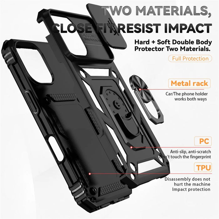 For iPhone 16 Case Ring Holder Kickstand Camshield PC+TPU Phone Cover - Black - 6