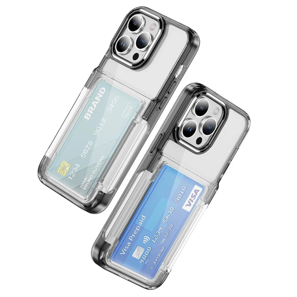 For iPhone 16 Pro Max Case TPU + Acrylic Kickstand Phone Cover Card Holder - Transparent Black - 1