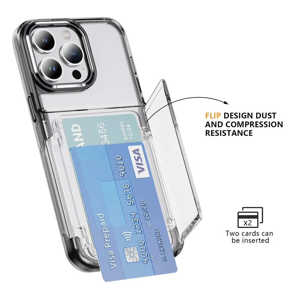 For iPhone 16 Pro Max Case TPU + Acrylic Kickstand Phone Cover Card Holder - Transparent Black - 2