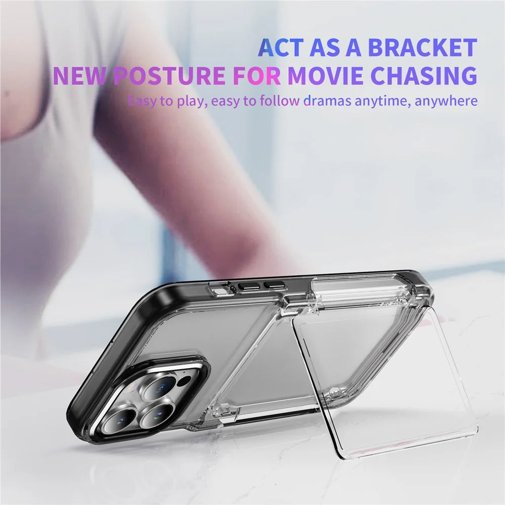 For iPhone 16 Pro Max Case TPU + Acrylic Kickstand Phone Cover Card Holder - Transparent Black - 5