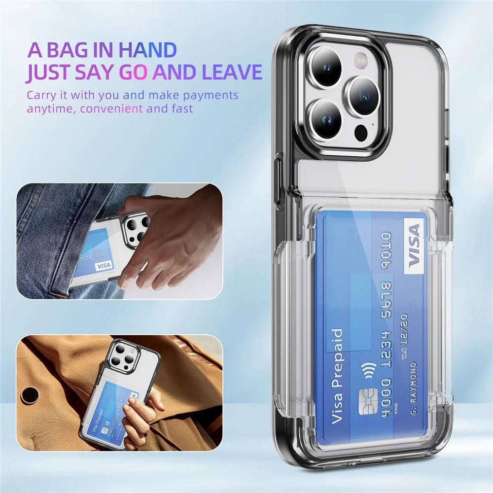 For iPhone 16 Pro Max Case TPU + Acrylic Kickstand Phone Cover Card Holder - Transparent Black - 6