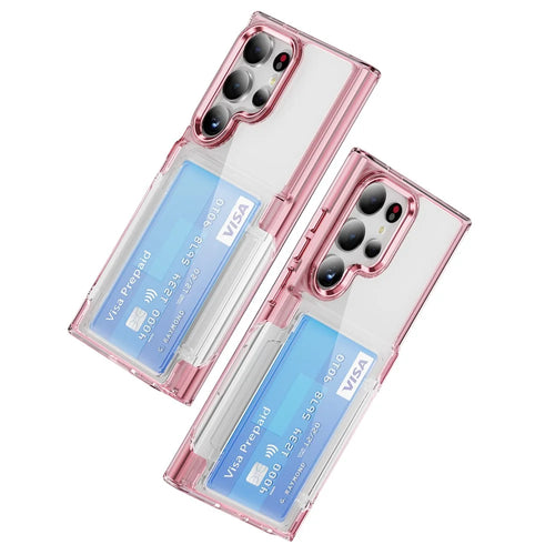 For Samsung Galaxy S24 Ultra Case Anti-Scratch TPU + Acrylic Phone Cover Card Holder - Transparent Pink - 1