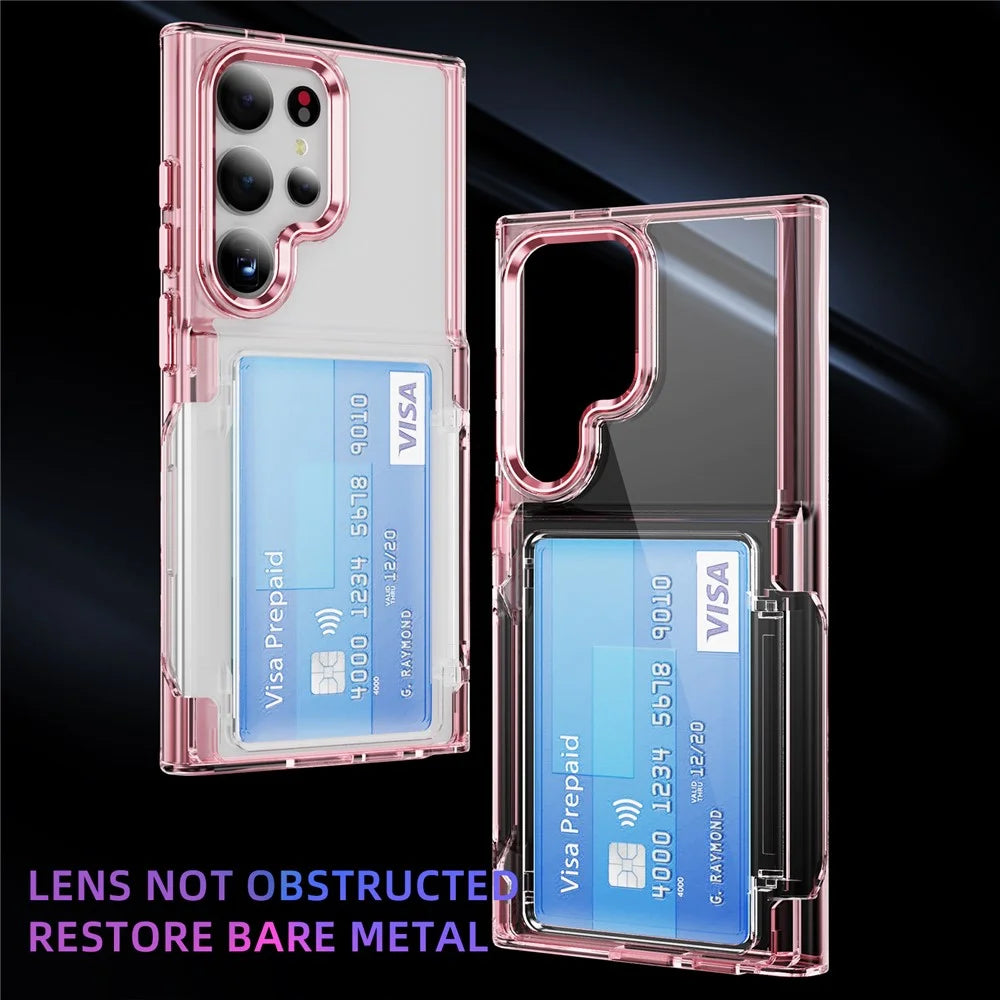 For Samsung Galaxy S24 Ultra Case Anti-Scratch TPU + Acrylic Phone Cover Card Holder - Transparent Pink - 3