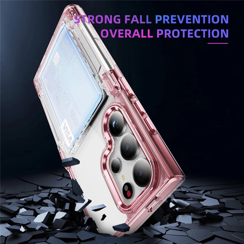For Samsung Galaxy S24 Ultra Case Anti-Scratch TPU + Acrylic Phone Cover Card Holder - Transparent Pink - 4