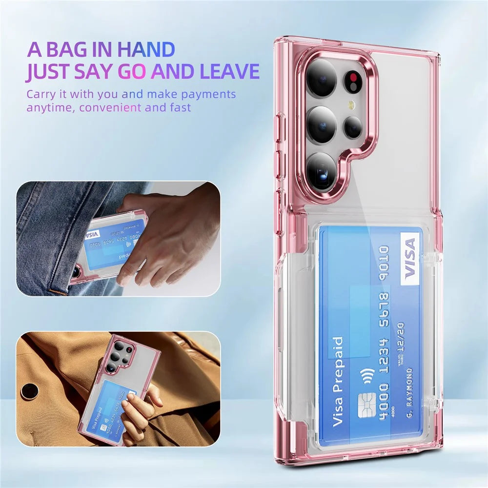 For Samsung Galaxy S24 Ultra Case Anti-Scratch TPU + Acrylic Phone Cover Card Holder - Transparent Pink - 6