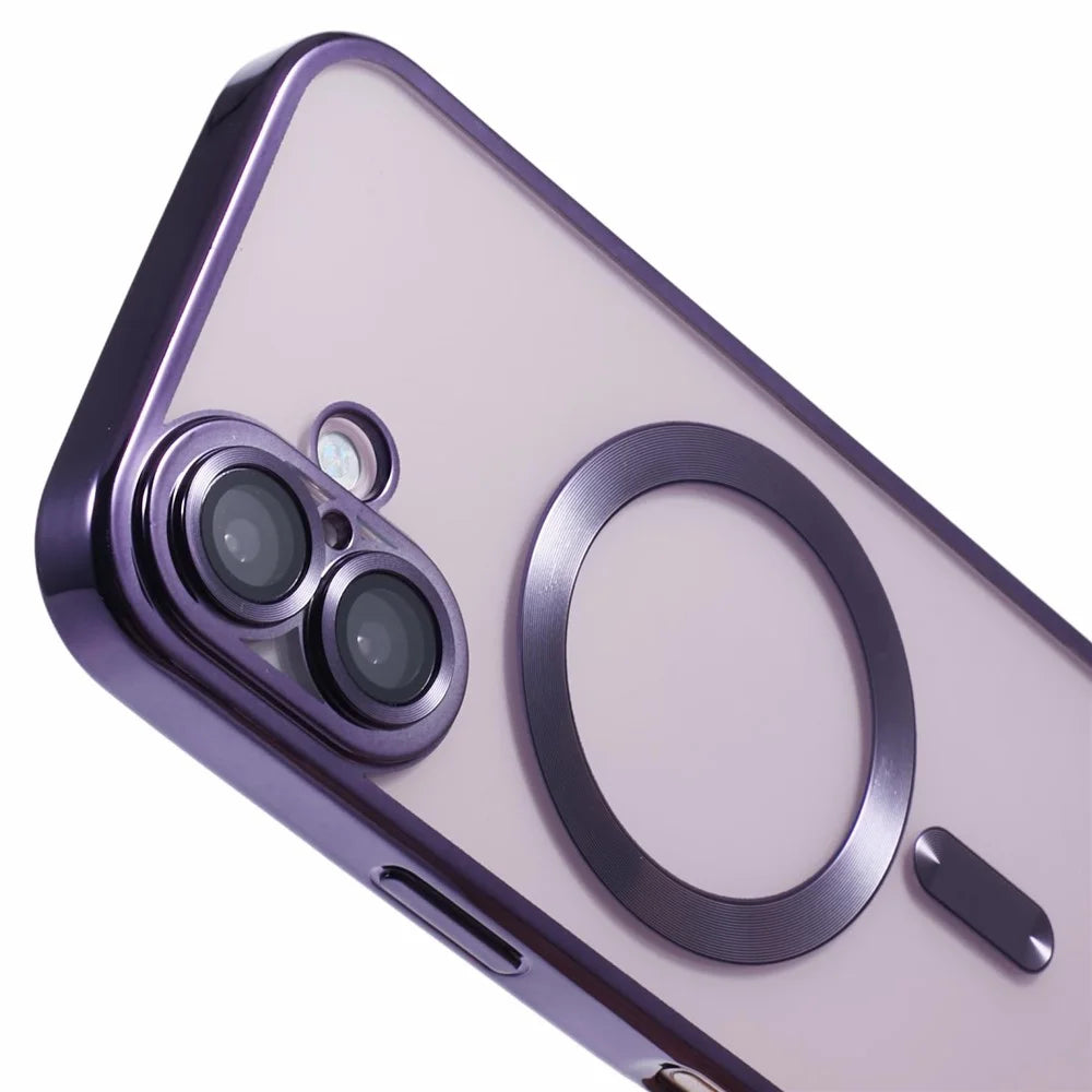 For iPhone 16 Plus Magnetic Case Electroplating Frame TPU Phone Cover with Lens Film - Dark Purple - 6