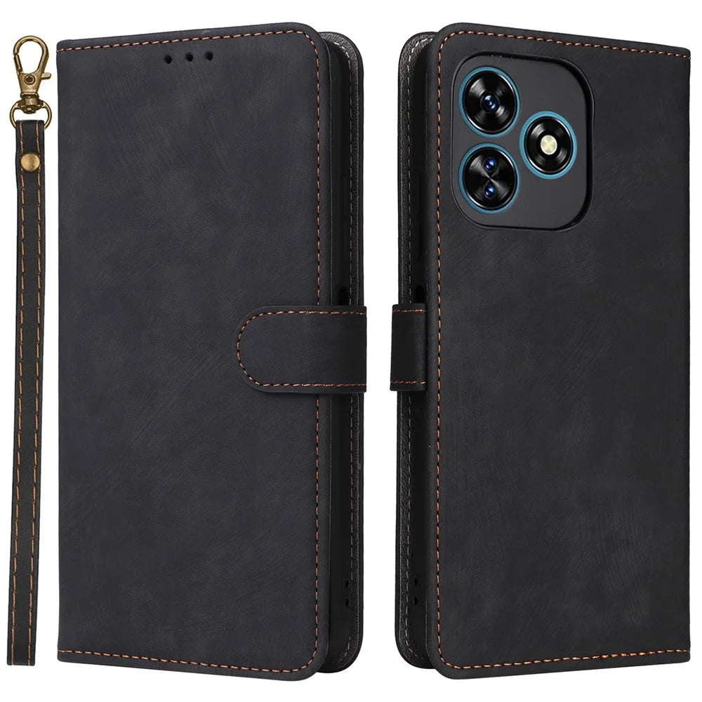 For Oukitel C51 Leather Case RFID Blocking Wallet Phone Cover with Strap - Black - 1