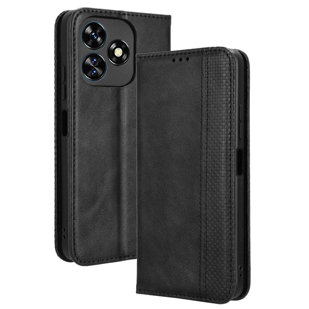 For Oukitel C51 Case Retro PU Leather Wallet Phone Cover Stand - Black - 1