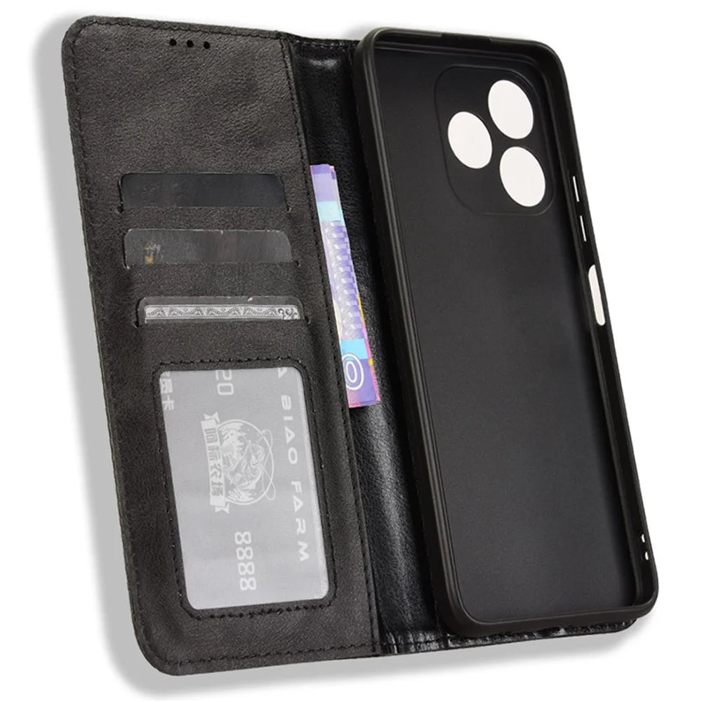 For Oukitel C51 Case Retro PU Leather Wallet Phone Cover Stand - Black - 5